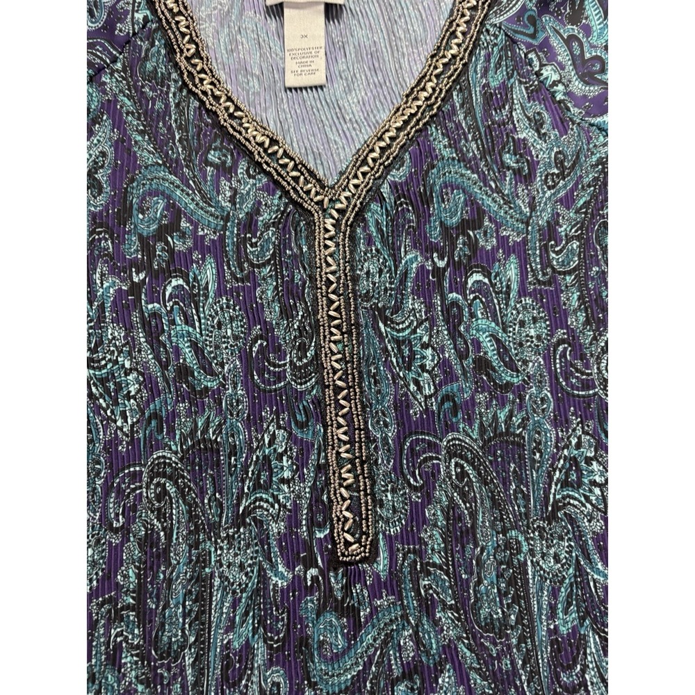 Catherines Bejeweled Pleated Blouse 3x V Neck Paisley Blue Resortwear - Picture 9 of 10